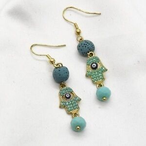 Teal Stone Hamsa Earrings